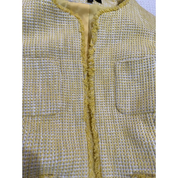 Talbots Yellow Tweed Jacket Women's Size 12 Fringe Trim Open Front Blazer - Picture 8 of 11